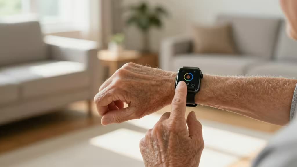 Älterer Herr überprüft Smartwatch mit Sturzerkennung in hellem, modernem Wohnzimmer.