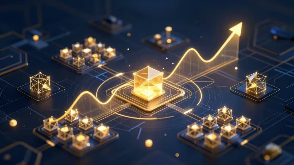 Glowing golden cubes on circuit boards symbolize top DeFi lending protocols for 2024 yield.