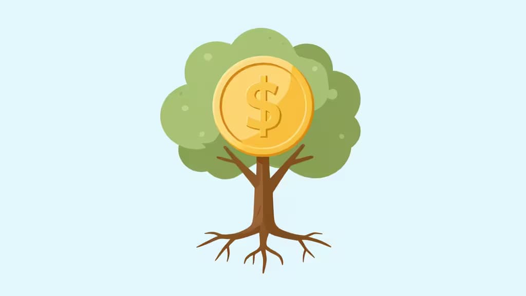 A golden dollar coin grows on a tree with green leaves and brown roots against a light blue background.