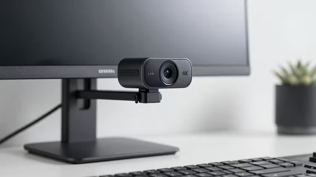 Czarna kamera 4K zamontowana na monitorze Samsung, nowoczesne biuro z klawiaturą i rośliną.