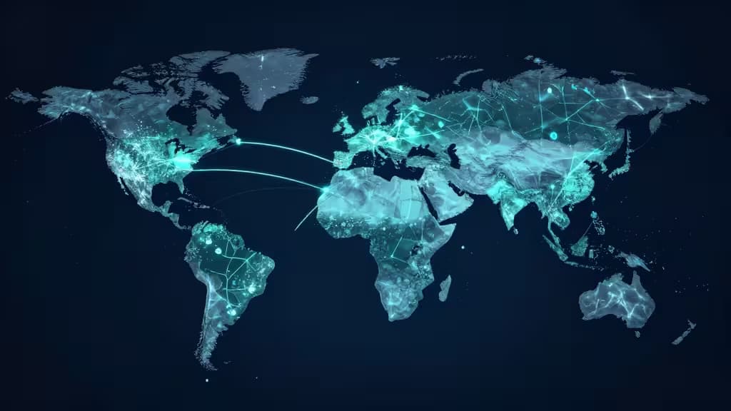 Glowing cyan digital network lines connect continents on a translucent world map against a dark background.