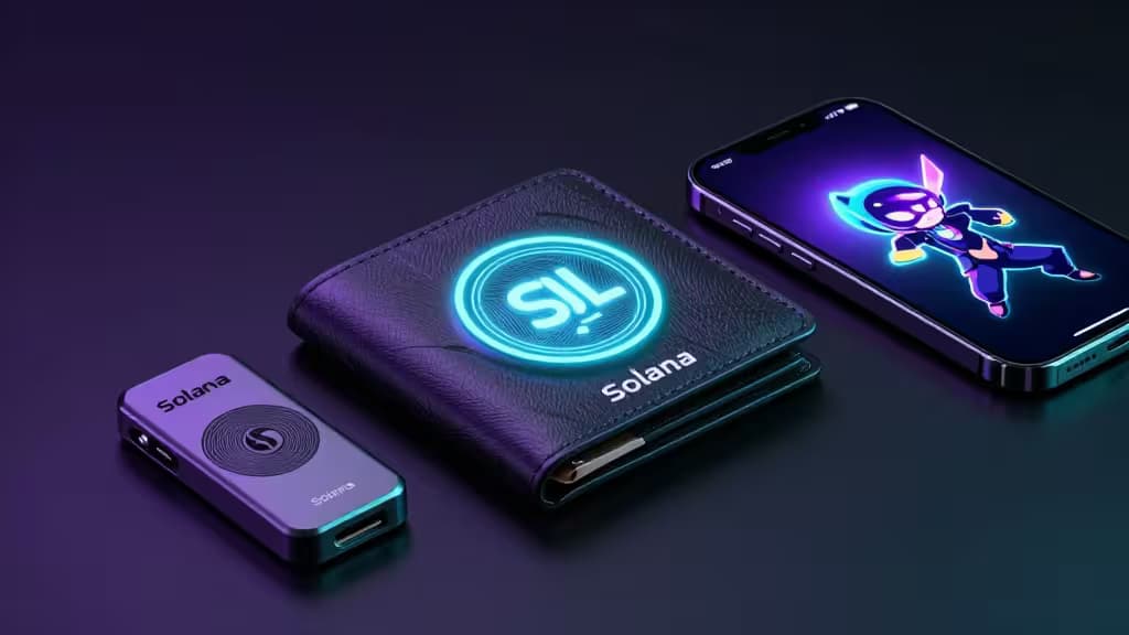 紫色のSolanaウォレット、スマートフォン、ハードウェアデバイスが暗い背景でネオンカラーに輝いている様子