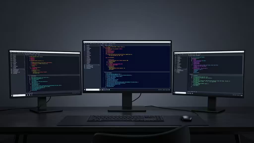 Trois écrans affichent du code coloré dans des terminaux sur un bureau sombre avec clavier et souris.