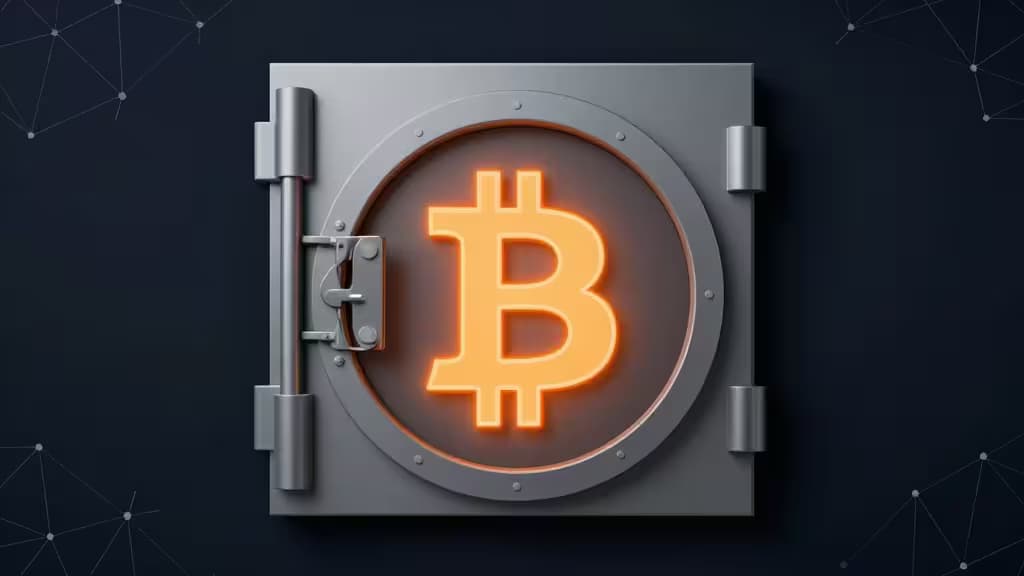 Un simbolo Bitcoin arancione luminoso al centro di una pesante porta blindata metallica, su sfondo scuro con sottili linee di rete.