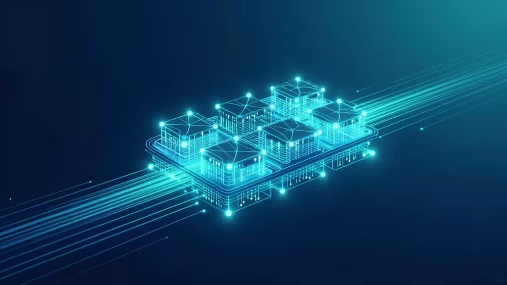 Glowing blue server blocks on a circuit board, with light streams flowing through them, symbolizing fast, affordable managed Redis and caching solutions for startups.