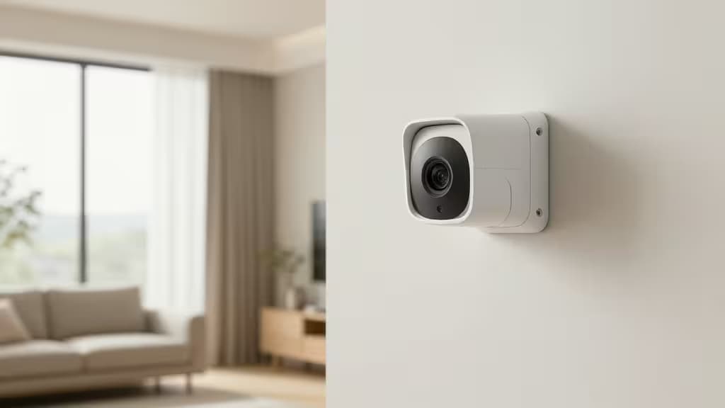 Câmera de segurança TP-Link Tapo montada em parede de sala com luz natural, design minimalista e ambiente residencial acolhedor