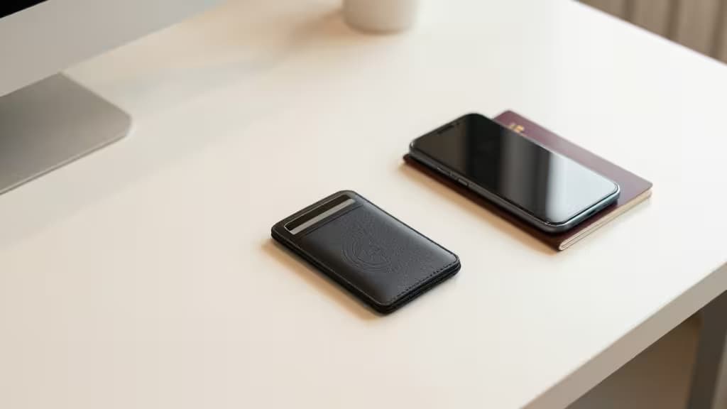Schwarze NFC-Krypto-Wallet-Karte liegt neben Smartphone und Reisepass auf minimalistischem weißen Schreibtisch.