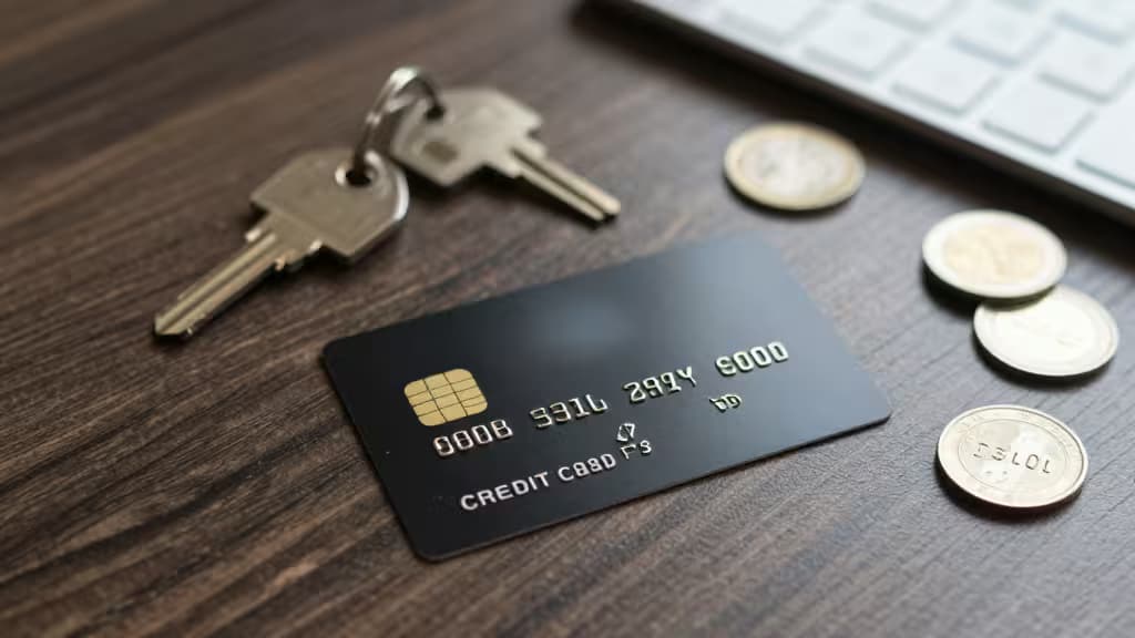 Black credit card, keys, coins, and keyboard on wooden surface symbolize real estate investment finance.