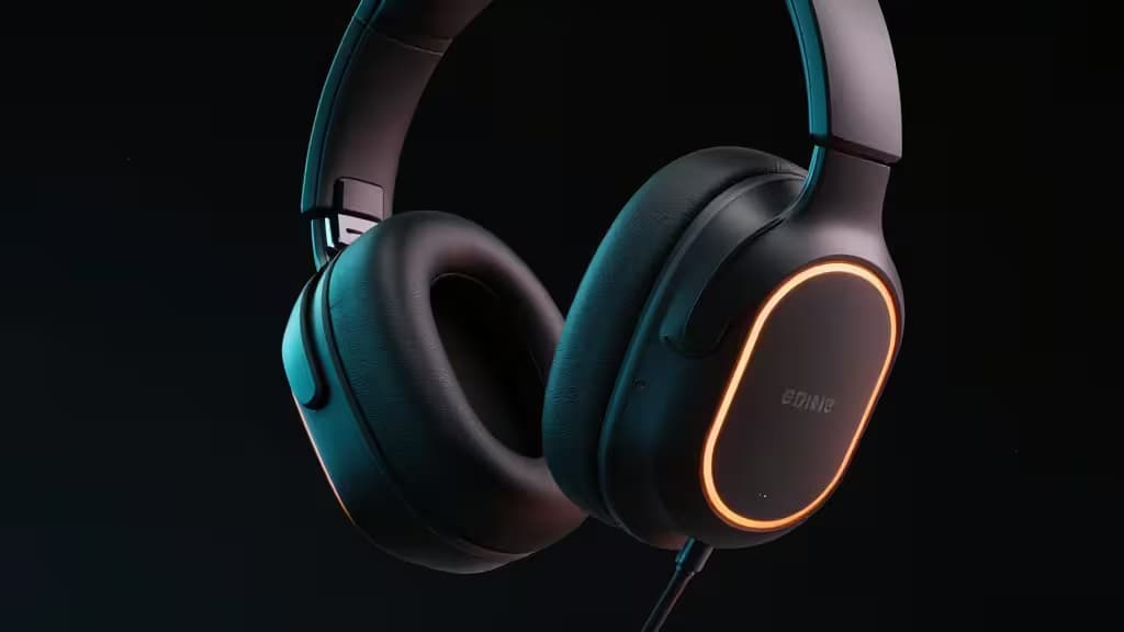 Cuffia gaming wireless nera con anello arancione luminoso e accenti teal, isolata su sfondo scuro.