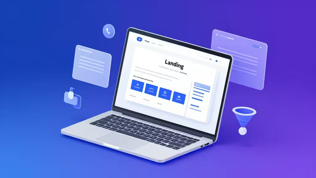 Illustration abstraite d'un écran d'ordinateur portable se transformant en landing page, entouré d'éléments d'interface flottants et d'icônes d'entonnoir de conversion, dans une palette bleu et violet.