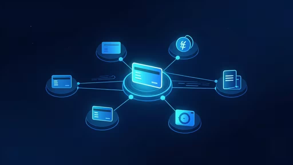 Glowing blue credit cards and currency icons connect via luminous lines on a dark background, symbolizing integrated banking-as-a-service API infrastructure.