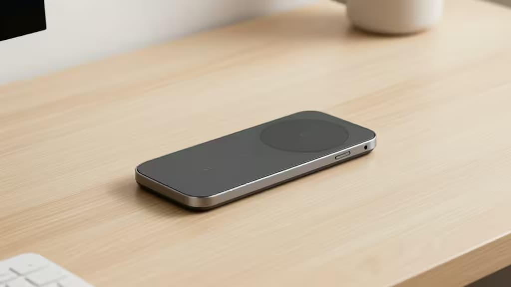 Aufgeräumter Schreibtisch mit flachem Wireless-Charging-Pad auf Holztischplatte, warmes Licht, minimalistisches Workspace-Setup