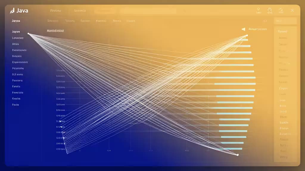 Abstract Java monitoring dashboard with glowing trace lines and performance metrics on gradient background.