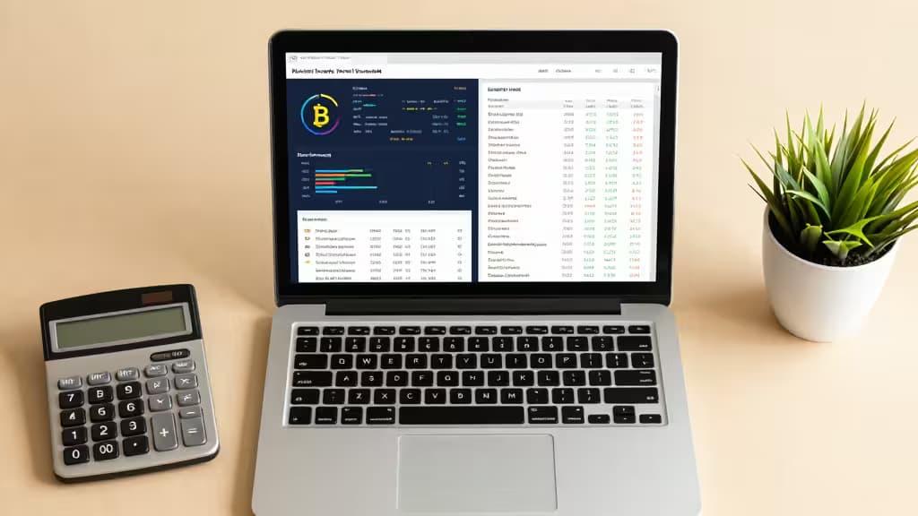 Laptop displays crypto tax dashboard beside calculator and plant on beige desk.