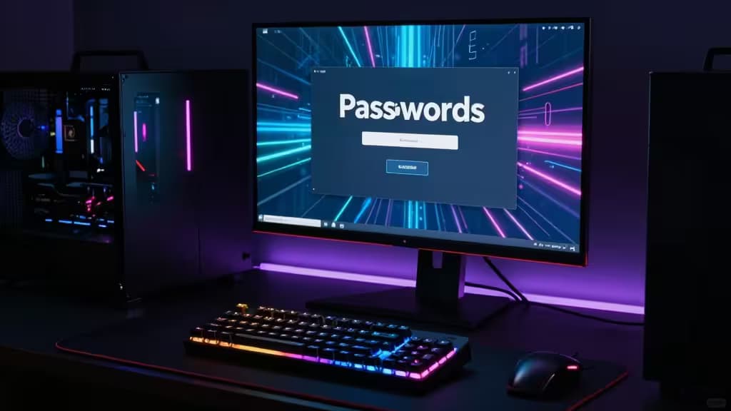A dark gaming setup with RGB-lit keyboard, monitor displaying 'Passwords', and glowing PC case.