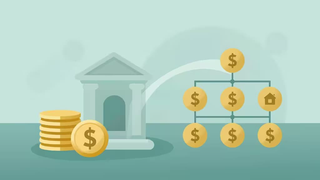 Des pièces d'or s'écoulent d'un bâtiment bancaire vers un réseau de symboles dollar et une icône de maison, illustrant le financement associatif.
