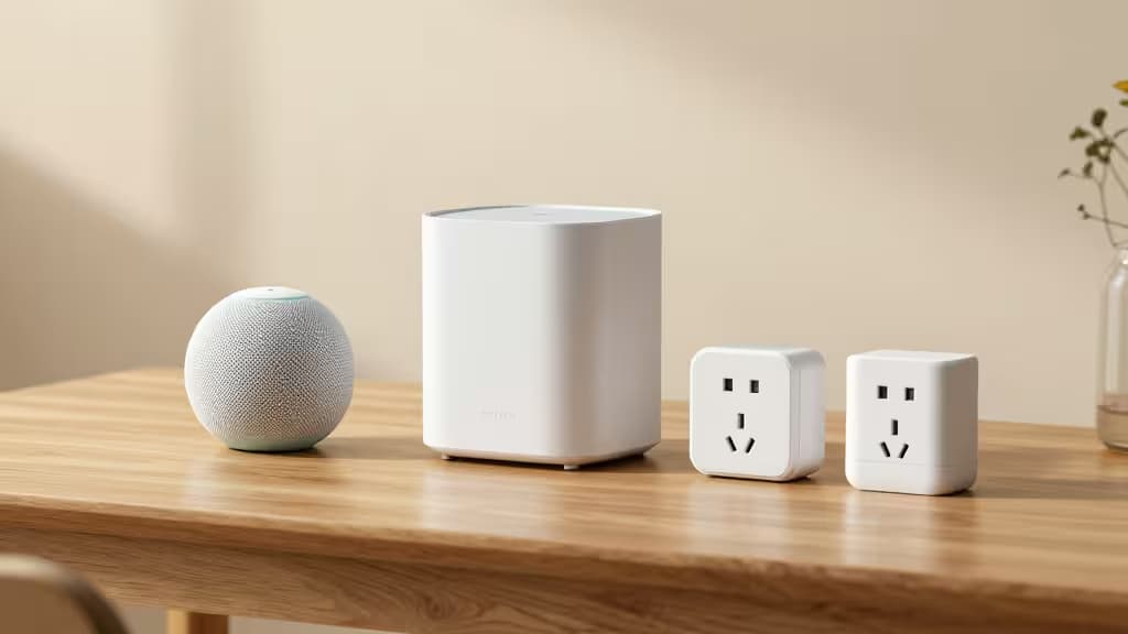 Dispositivi smart home disposti su un tavolo di legno: uno speaker sferico, un hub compatto bianco, una presa da esterno e un controller per irrigazione, illuminazione calda e minimale.