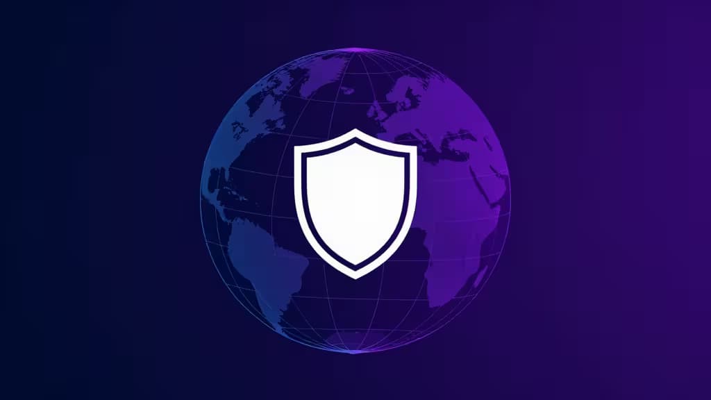 Un bouclier blanc superposé à un globe violet et bleu avec des lignes de réseau, symbolisant un accès sécurisé mondial.