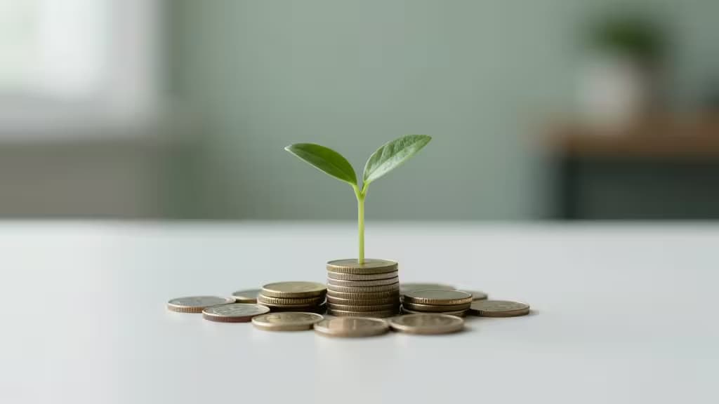 A green sprout grows from a stack of gold coins on a white surface, symbolizing financial growth through automated investing.