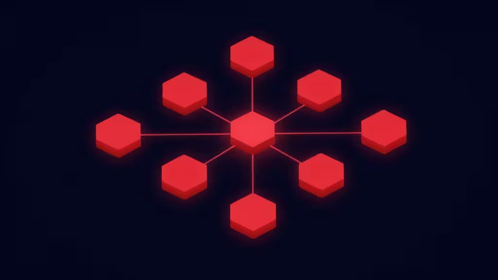 Glowing red hexagonal nodes connect in a radial network against a dark background, symbolizing scalable Redis hosting architecture.