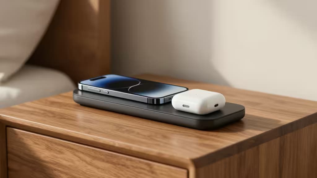 Sleek black wireless charger holds iPhone and AirPods on wooden nightstand, exemplifying affordable Qi charging solutions.