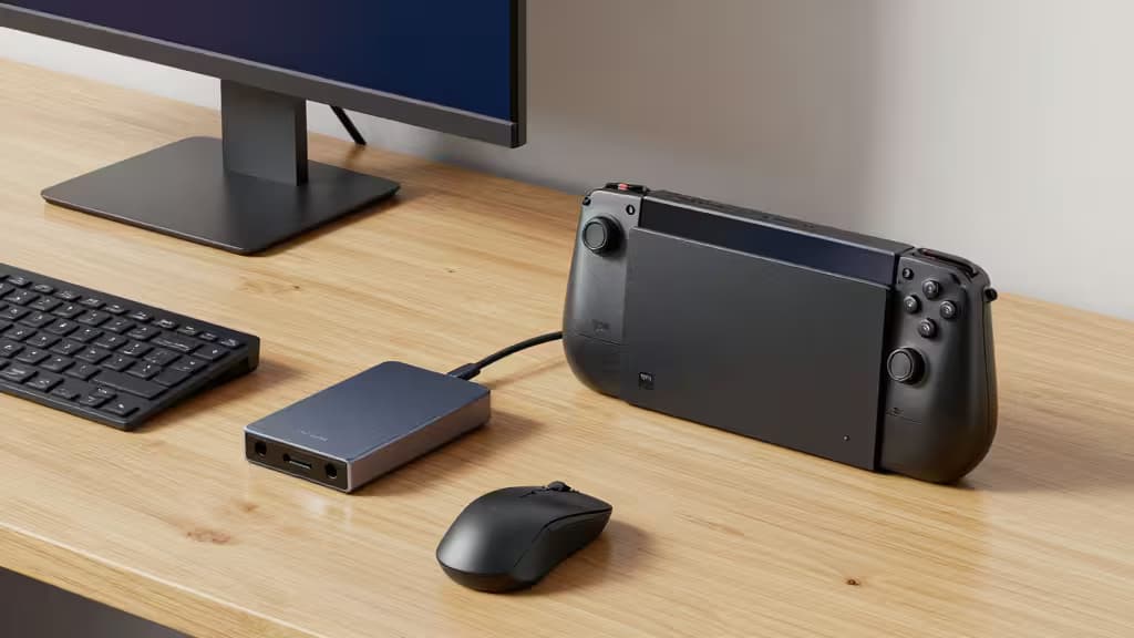 Een strakke USB-C hub verbonden met een Steam Deck op een houten bureau naast een monitor.