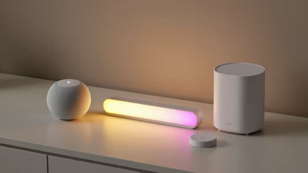 Slimme huisapparaten — een ronde speaker, kleurige LED-strip, witte hub en kleine watersensor — op een minimale ondergrond met warme sfeerverlichting