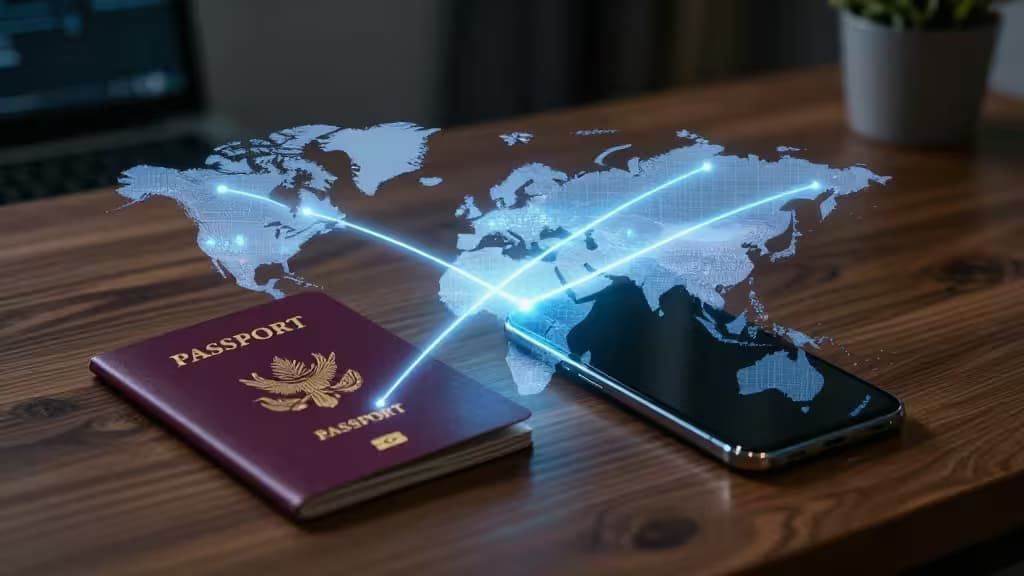 A passport and smartphone project a glowing world map with connection lines over a wooden desk.