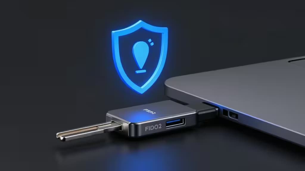 Une clé de sécurité USB FIDO2 noire, dotée d'un anneau métallique et d'un voyant LED bleu, est branchée dans le port d'un ordinateur portable, avec un icône de bouclier bleu lumineux flottant au-dessus.