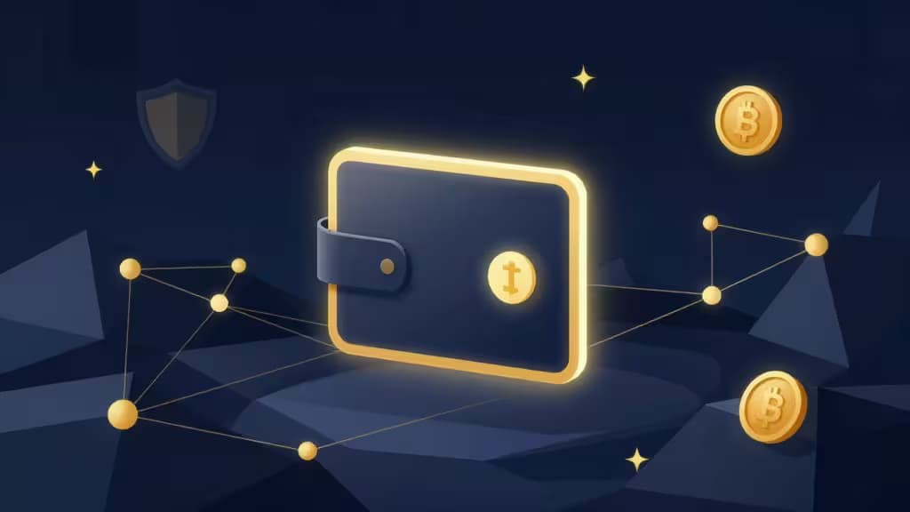 Abstract digital illustration of a glowing crypto wallet interface with interconnected blockchain network nodes and golden yield symbols over a dark geometric landscape in deep blue and gold tones.