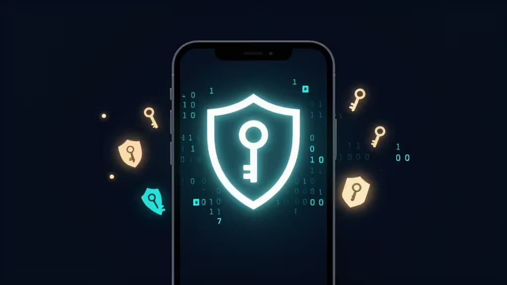 Conceito abstrato de segurança digital: ecrã de smartphone com ícone de escudo brilhante rodeado por símbolos de chaves criptográficas e códigos numéricos, fundo azul-escuro com iluminação turquesa e âmbar.
