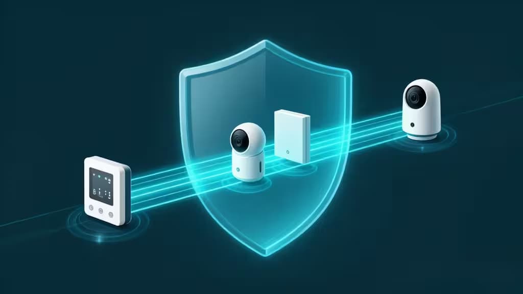 Glowing blue shield protects white smart home devices connected by luminous network lines on dark background.