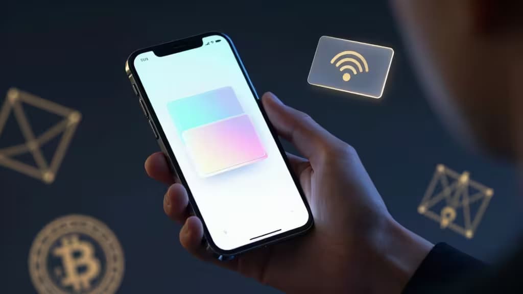 Hand holds smartphone displaying crypto wallet interface, surrounded by floating Bitcoin and Ethereum icons.