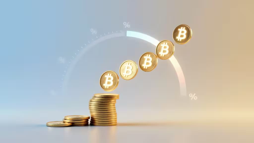 Golden Bitcoin coins ascend in an arc above stacked coins, symbolizing rising value against a soft gradient background.
