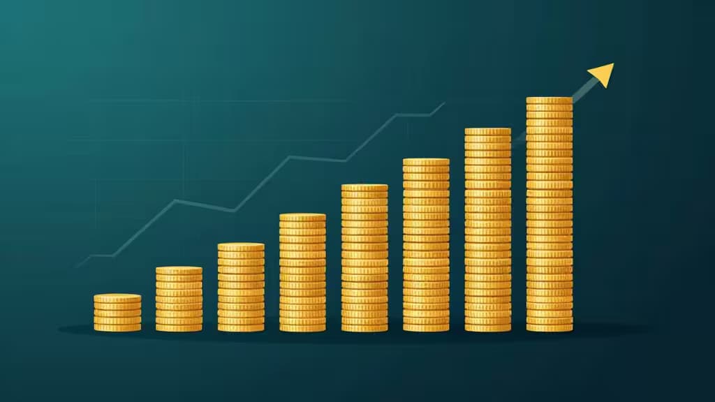 Pilas de monedas de oro ascienden con una flecha hacia arriba, simbolizando el crecimiento del DCA en cripto en exchanges como Coinbase y Kraken en 2026.