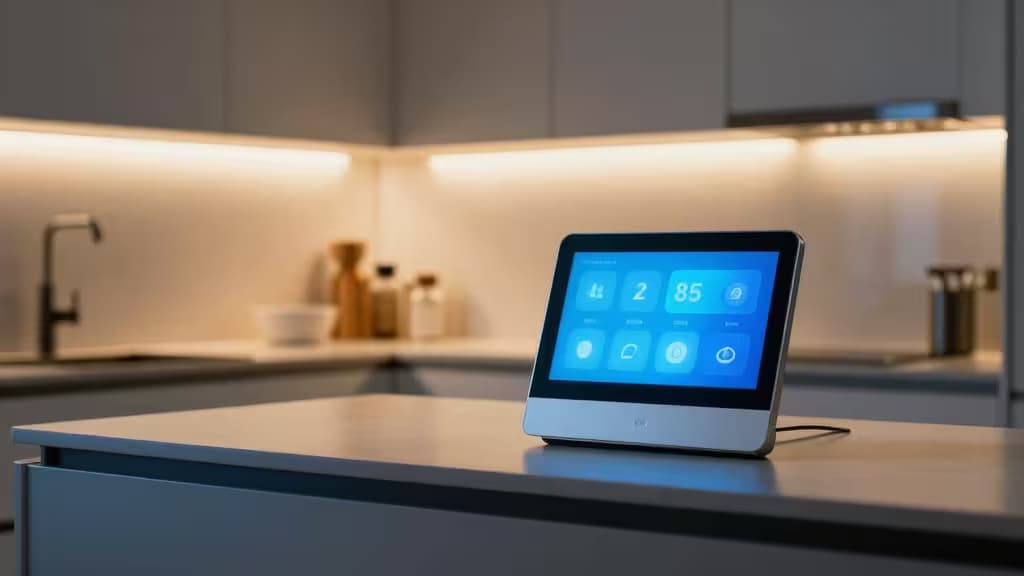 Elegancki smart display na blacie kuchennym wyświetla alerty wizualne i napisy, wspierając osoby z niedosłuchem dzięki przejrzystym, dostępnym informacjom.