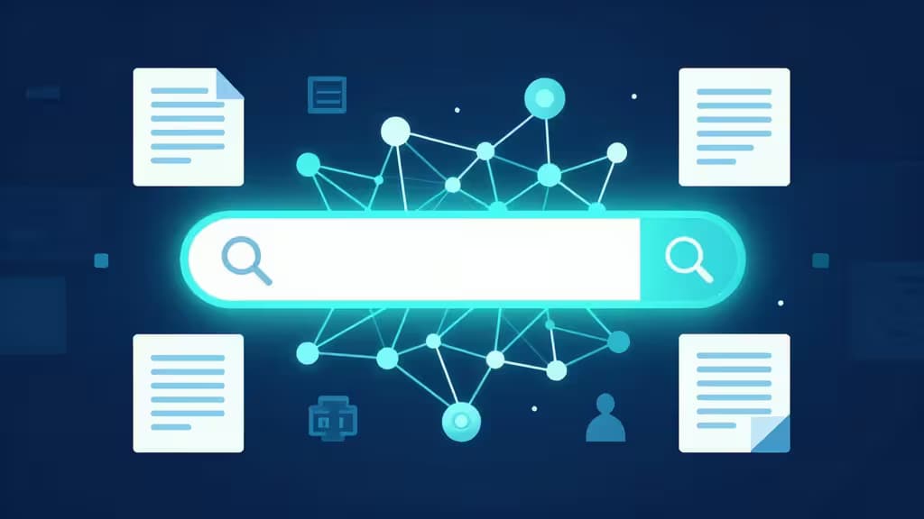 Abstract illustration of AI-powered documentation search with a glowing search bar, neural network connections, floating document pages, and vector embeddings in blue and teal tones.