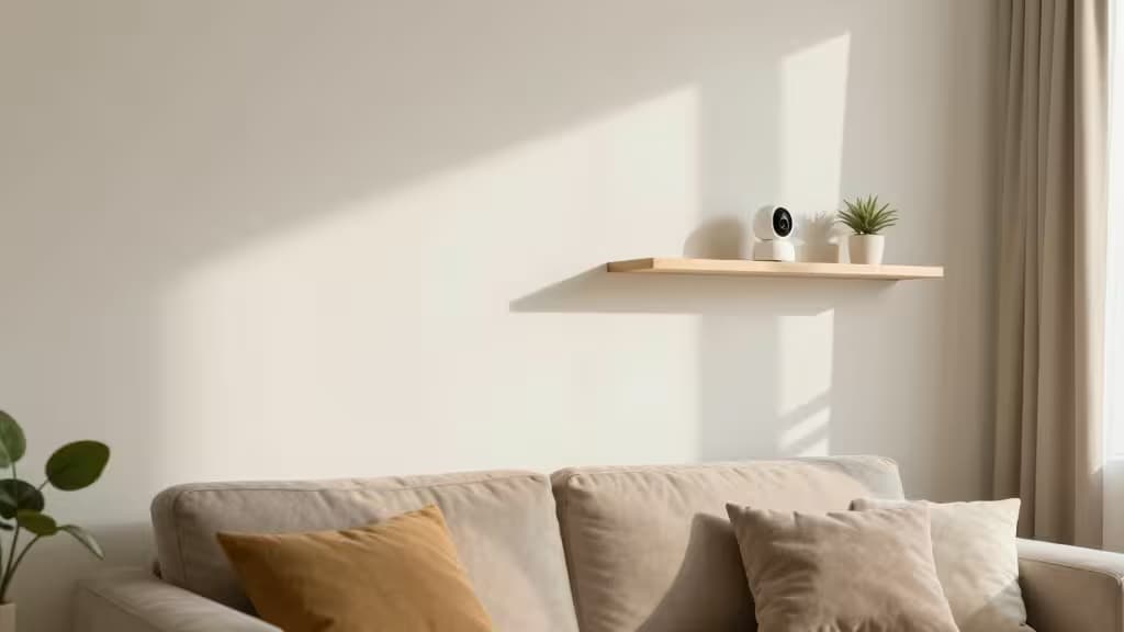Een witte, compacte beveiligingscamera staat op een lichte houten plank boven een beige bank.