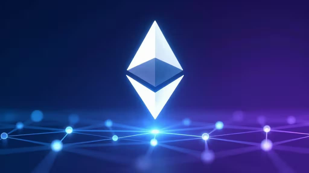 Glühendes Ethereum-Diamant-Logo schwebt über einem blauen Netzwerk verbundener Nodes auf dunklem Gradient-Hintergrund.