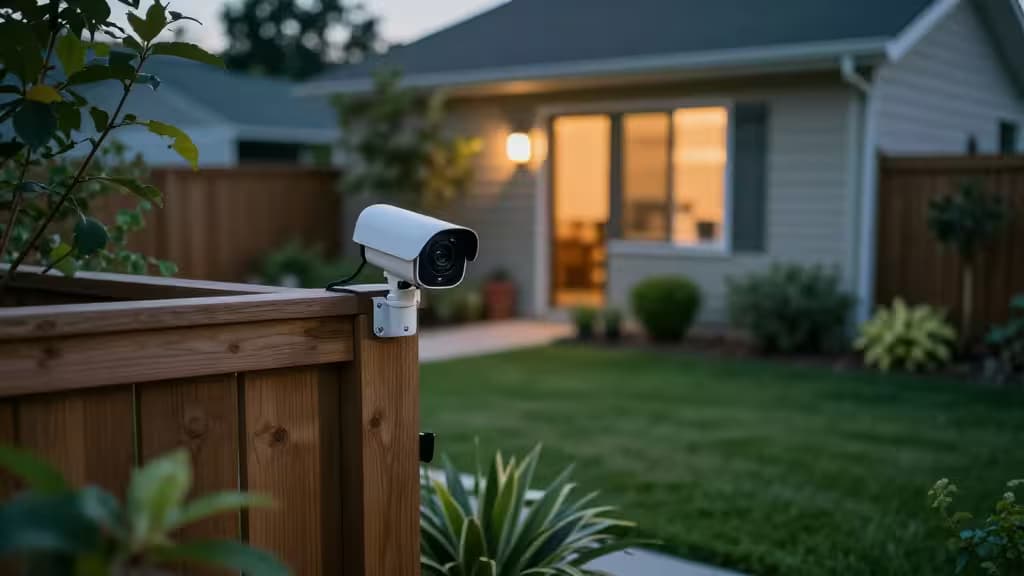 White smart camera mounted on wooden fence, overlooking lit backyard at dusk.