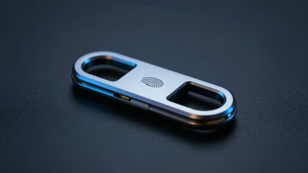 Ein schlanker Hardware-Security-Key auf dunkler Oberfläche mit blauer Akzentbeleuchtung