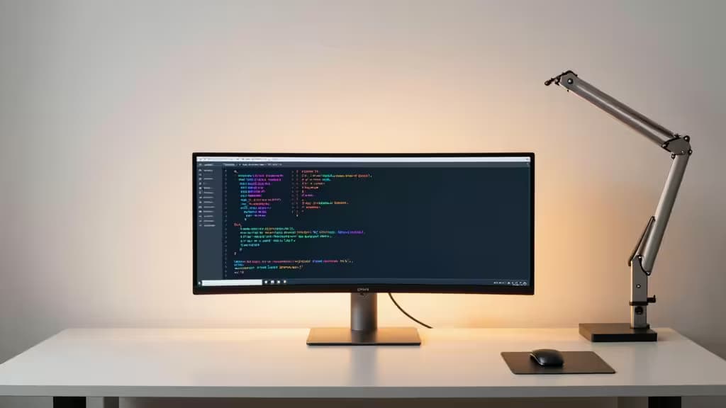 Een strakke monitor met kleurrijke code staat op een wit bureau naast een zilveren lamp en muis.