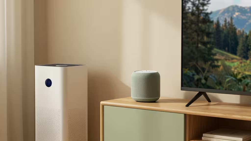 A white air purifier and green smart speaker sit beside a TV showing nature, in a cozy living room.