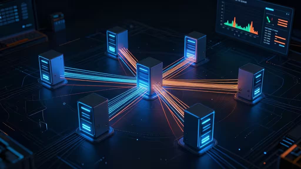 Glowing server nodes connected by vibrant data streams on a dark circuit board.