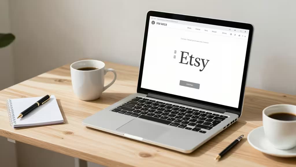 Laptop z Etsy, notes i długopis na drewnianym biurku.