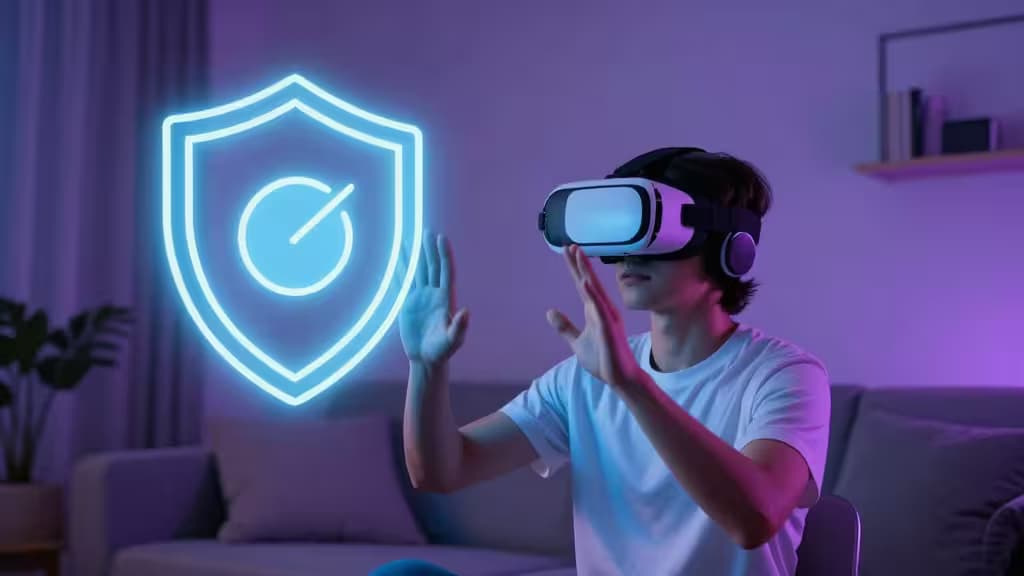 Une personne portant un casque VR interagit avec un bouclier lumineux néon dans une pièce faiblement éclairée.