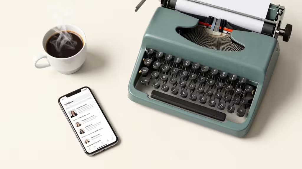A teal typewriter, steaming coffee, and smartphone displaying newsletter drafts on a minimalist desk.