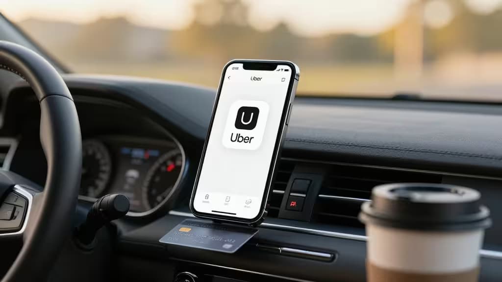 Een smartphone met de Uber-app op een autodashboard, naast een creditcard.