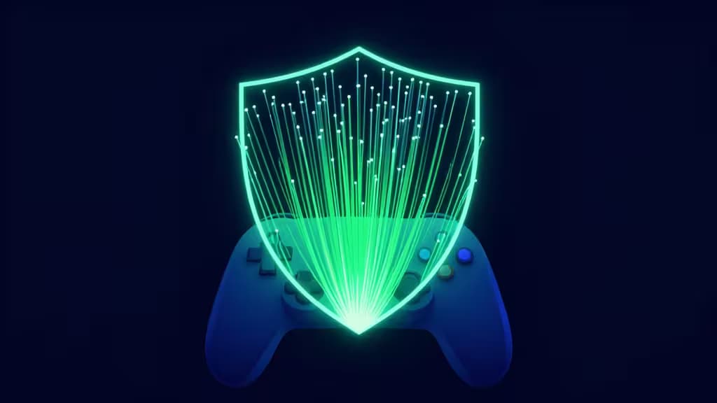 Illustrazione astratta di una connessione di rete a bassa latenza per il gaming: linee in fibra ottica luminose formano uno scudo su un controller di gioco stilizzato, palette blu scuro e verde elettrico.