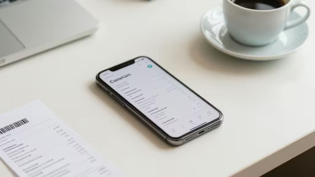 Bureau organisé avec un smartphone numérisant un reçu papier, style éditorial minimaliste